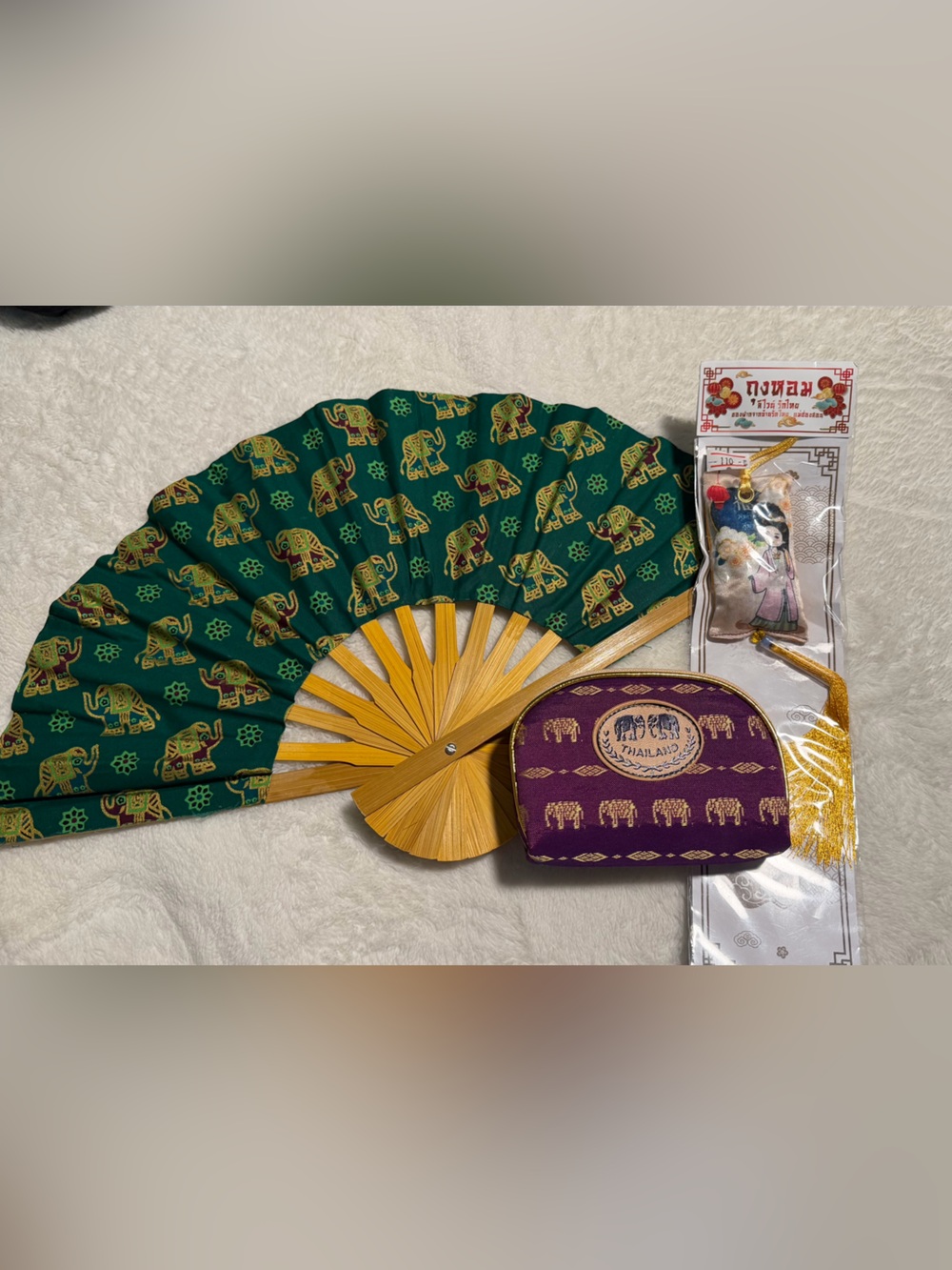 Gift Set - Purple Thai Embroidered Clutch with Green Elephant Fan and Tea Charm